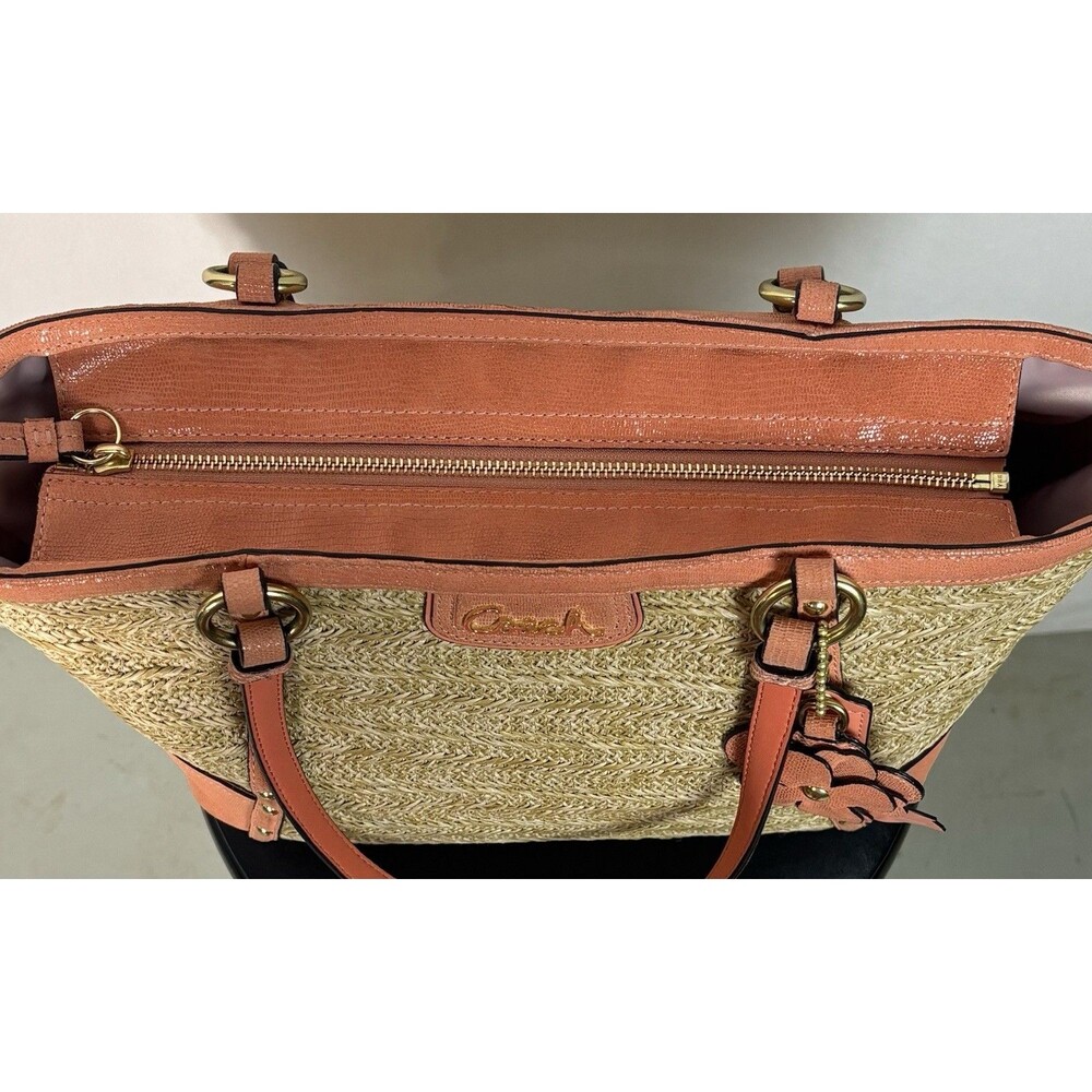 Coach Alexandra Straw Studded Tote Bag In Natural/Coral Peach F21959 - Picture 6 of 12